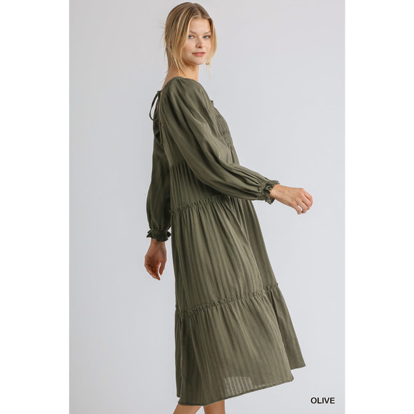 Ruffle Cuffed Long Sleeve Square Neckline Smocked Peasant Midi Dress - Picture 3 of 7